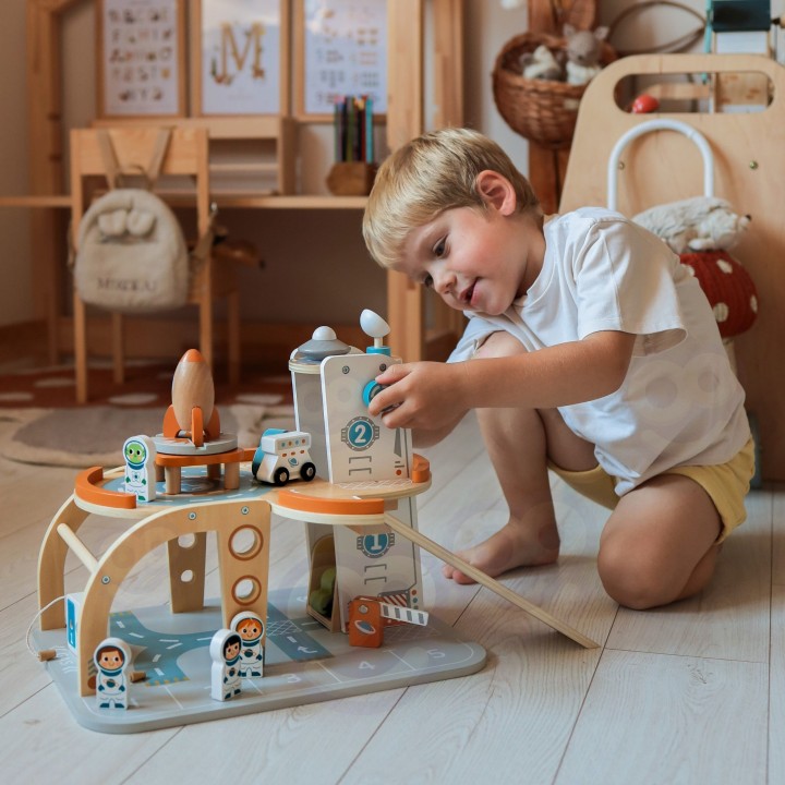 TOOKY TOY Drewniany Kosmiczny Parking - Stacja Kosmiczna dla Dzieci