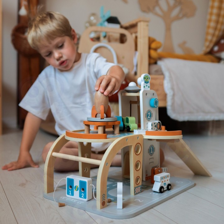 TOOKY TOY Drewniany Kosmiczny Parking - Stacja Kosmiczna dla Dzieci