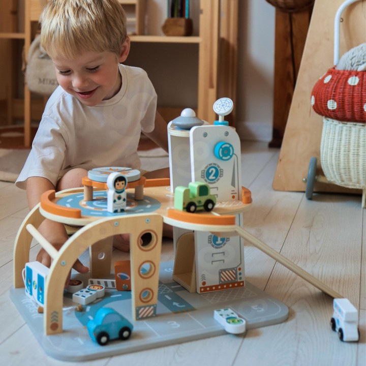 TOOKY TOY Drewniany Kosmiczny Parking - Stacja Kosmiczna dla Dzieci