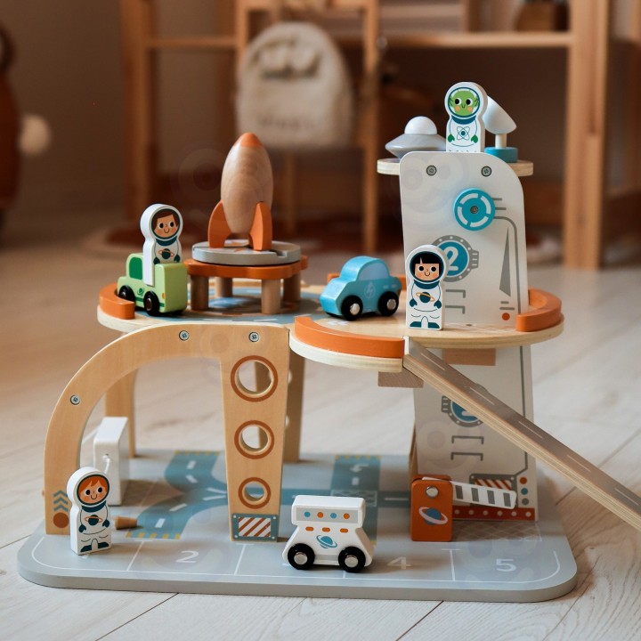 TOOKY TOY Drewniany Kosmiczny Parking - Stacja Kosmiczna dla Dzieci