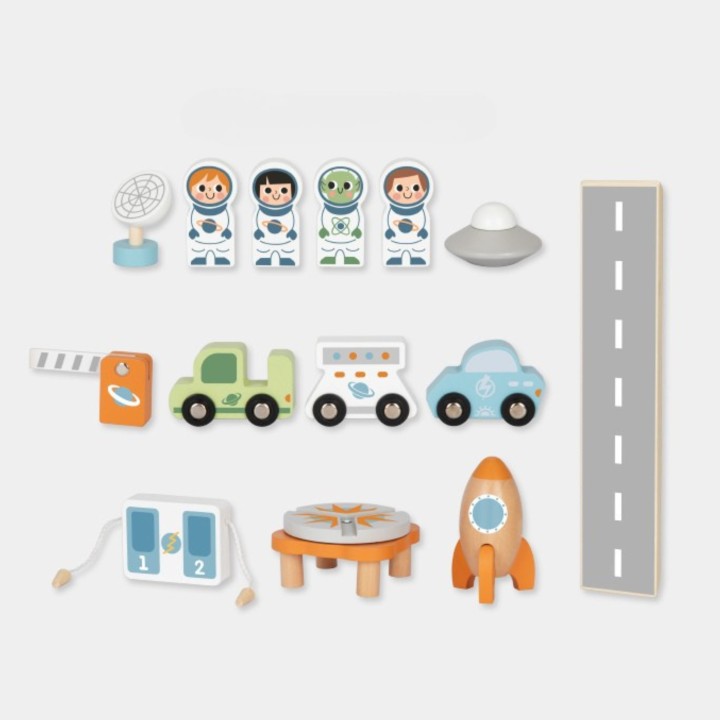 TOOKY TOY Drewniany Kosmiczny Parking - Stacja Kosmiczna dla Dzieci