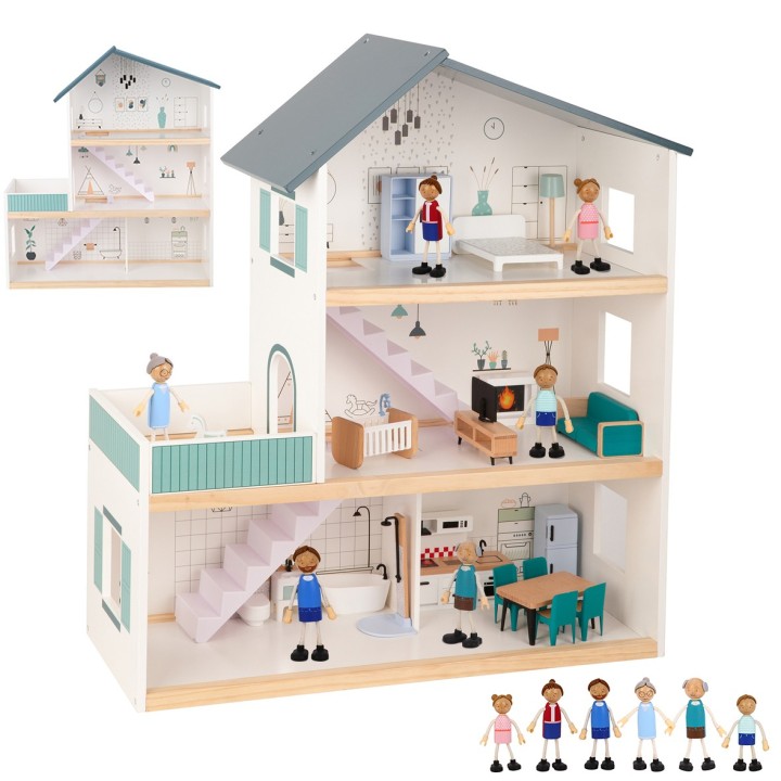 TOOKY TOY Large Wooden Dollhouse with FSC Figures