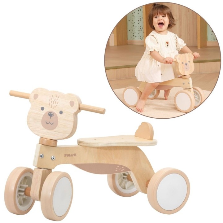 Wooden Ride-on Brown Teddy Bear Viga - Quiet Vehicle and Safe Fun