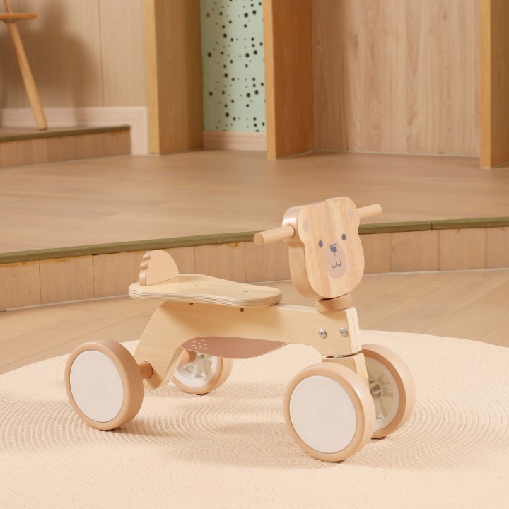 Wooden Ride-on Brown Teddy Bear Viga - Quiet Vehicle and Safe Fun