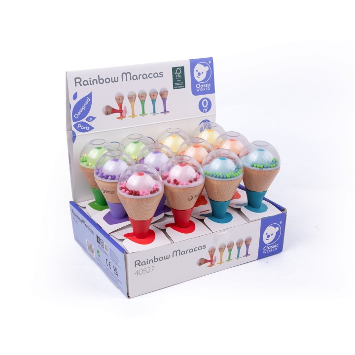 CLASSIC WORLD 2-in-1 Rattle Wooden Rainbow Maracas Instrument