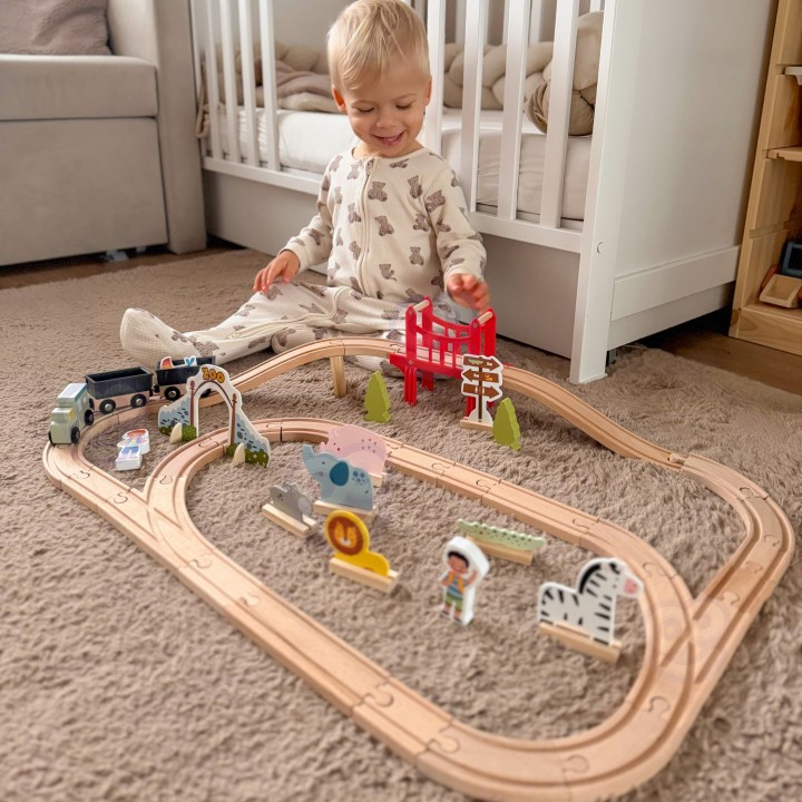 Zoo Woopie Green Wooden Train - Track, Train, Bridge and 60 Pieces