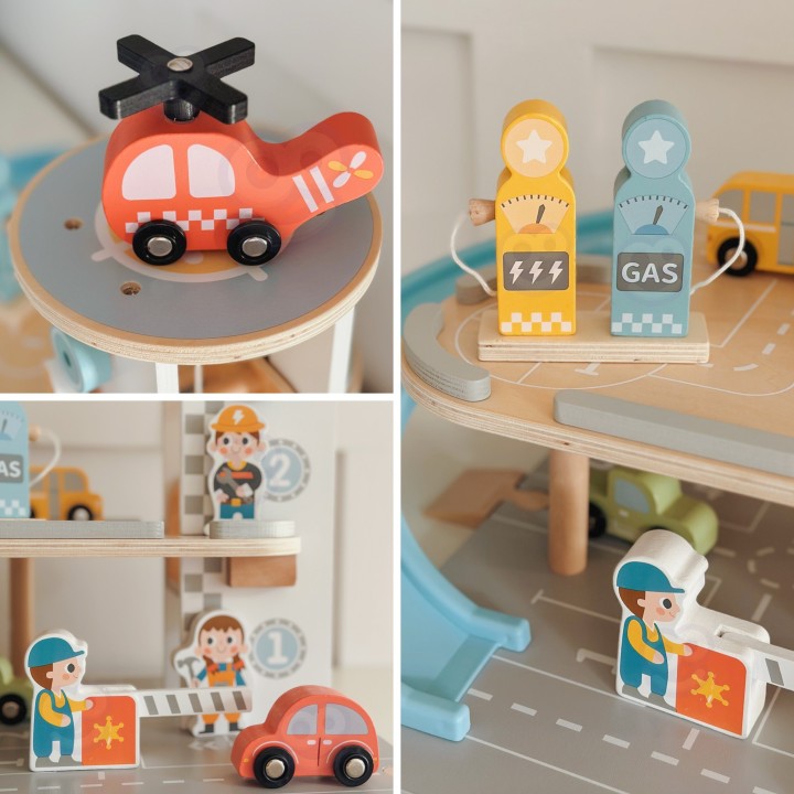 Woopie Green Wooden Multi-Story Car Park - Cars and Helicopter