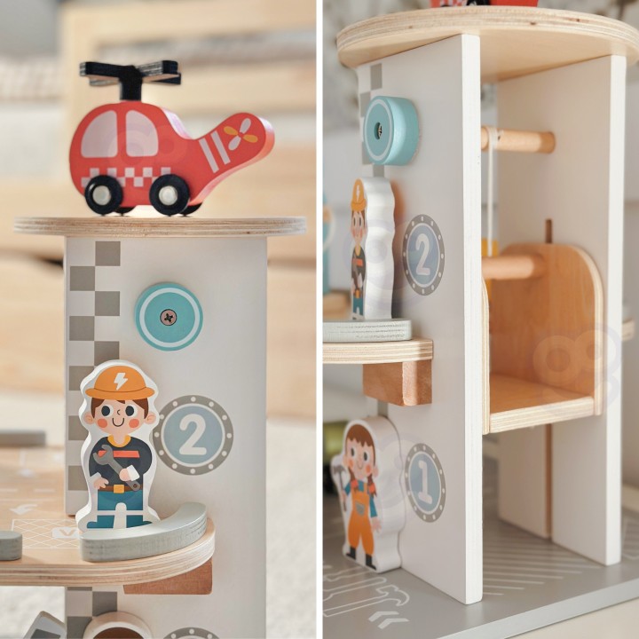 Woopie Green Wooden Multi-Story Car Park - Cars and Helicopter