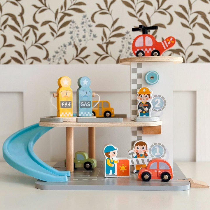 Woopie Green Wooden Multi-Story Car Park - Cars and Helicopter