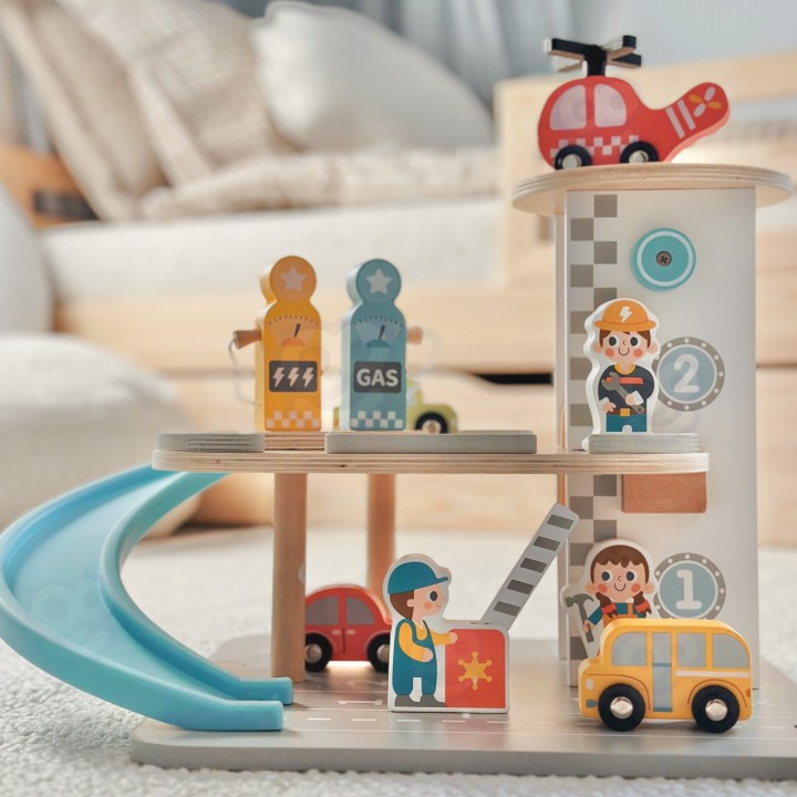 Woopie Green Wooden Multi-Story Car Park - Cars and Helicopter