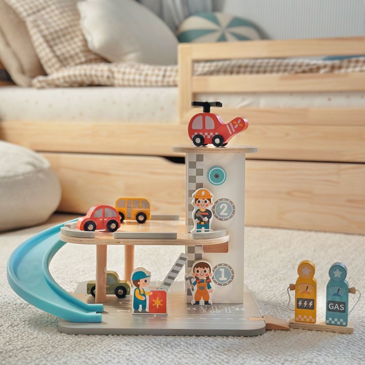 Woopie Green Wooden Multi-Story Car Park - Cars and Helicopter