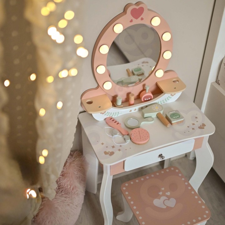 Tooky Toy Wooden Dressing Table for Girls - with LED Mirror