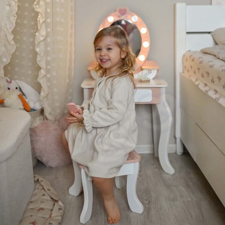 Toaletka Drewniana dla Dziewczynek Tooky Toy - z Lustrem LED