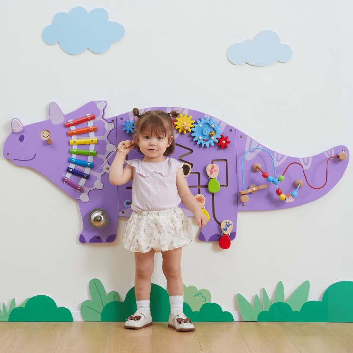 Viga Drewniana Tablica Sensoryczna Triceratops Dinozaur–Zabawa i Nauka