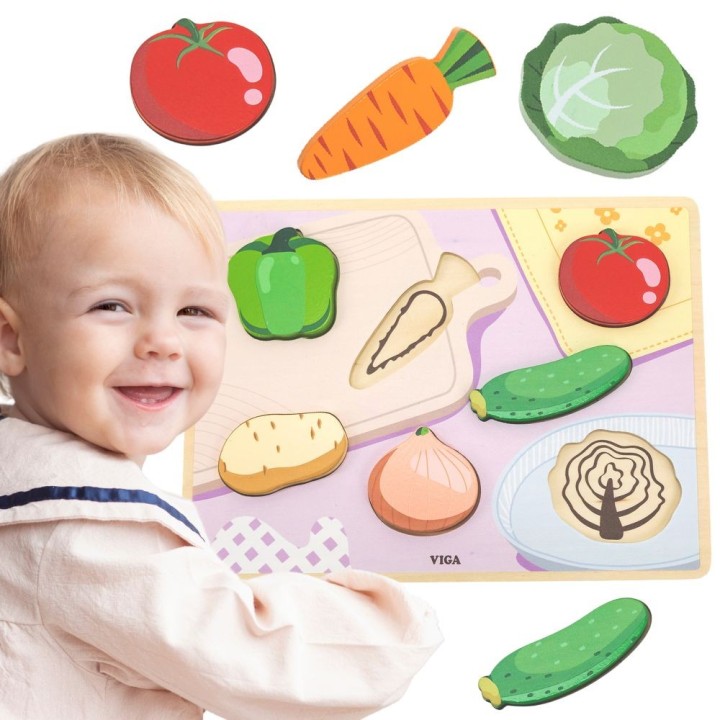 VIGA 2-in-1 Montessori Wooden Puzzle - Vegetable Figures