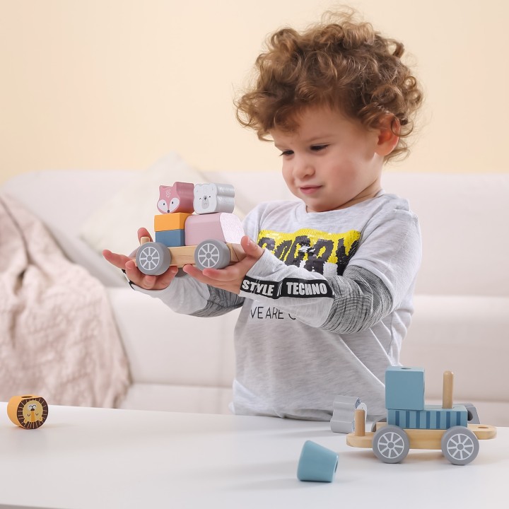 Drewniana kolejka PolarB z wagonikami i zwierzątkami dla dzieci - Viga