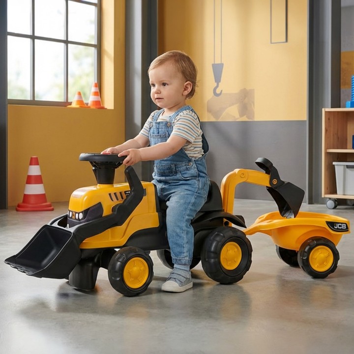 FALK Ride-on JCB Tractor with Trailer and Accessories Silent Wheels 1-3 Years