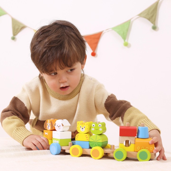 Colorful wooden train – creative fun for toddlers 18M+