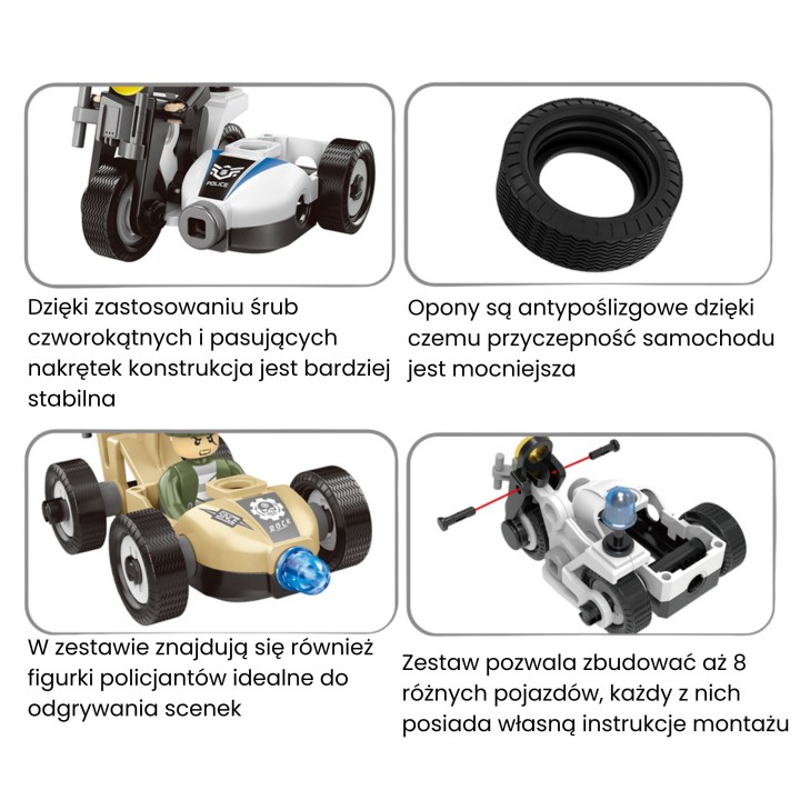 WOOPIE Klocki Konstrukcyjne Zbuduj Pojazdy Policyjne 8 Modeli Woopie