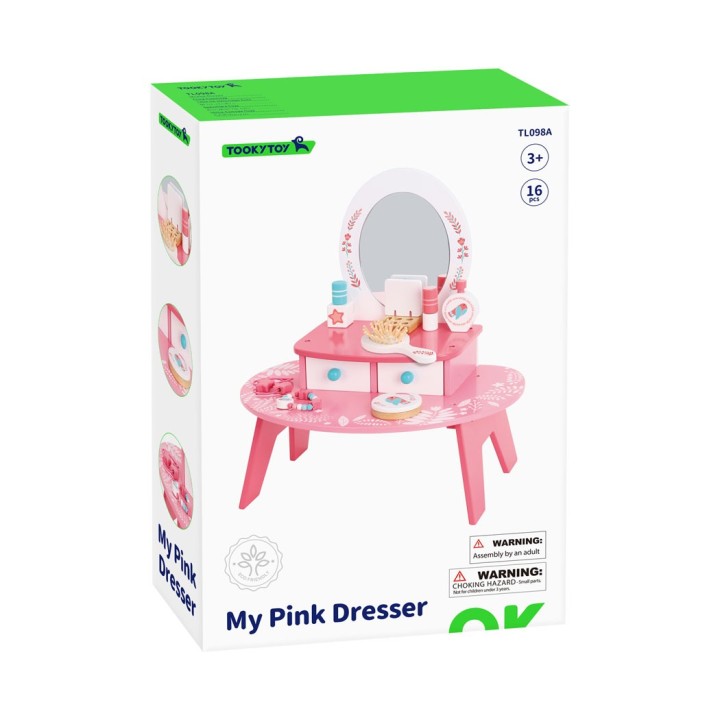 TOOKY TOY pink wooden dressing table - set with mirror