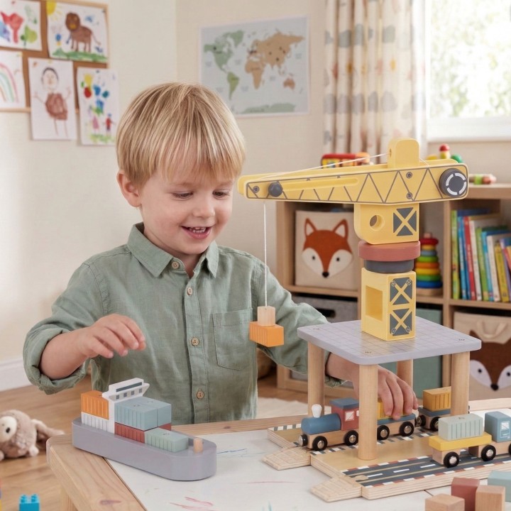 TOOKY TOY Wooden Port Crane - Play Set for Children