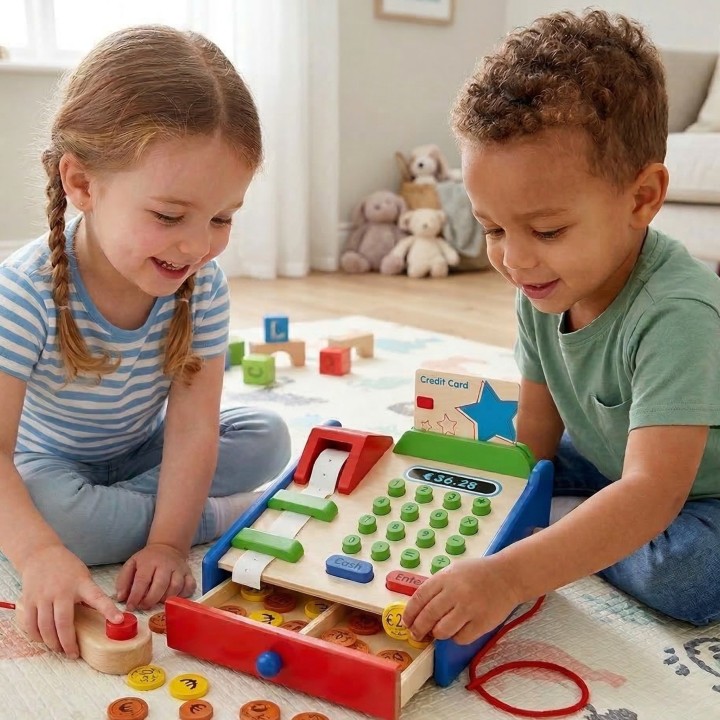 Viga Wooden Cash Register - Playing shop and learning to count