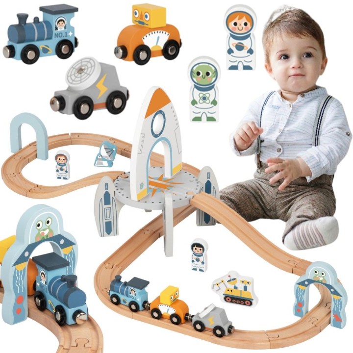 Drewniana Kolejka Kosmiczna Tooky toy - Zestaw Torów Rakieta 3+ Zabawa