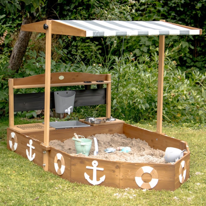 Wooden Sandbox Ship with Roof and Mud Kitchen - fun with AXI