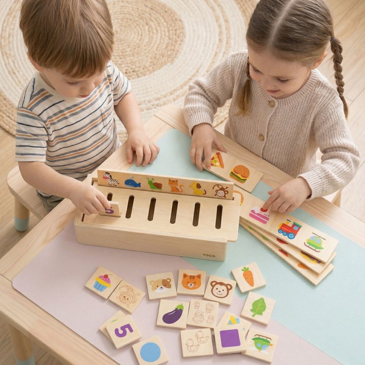 Drewniany Sorter VIGA: Zwierzątka, Owoce, Warzywa Montessori