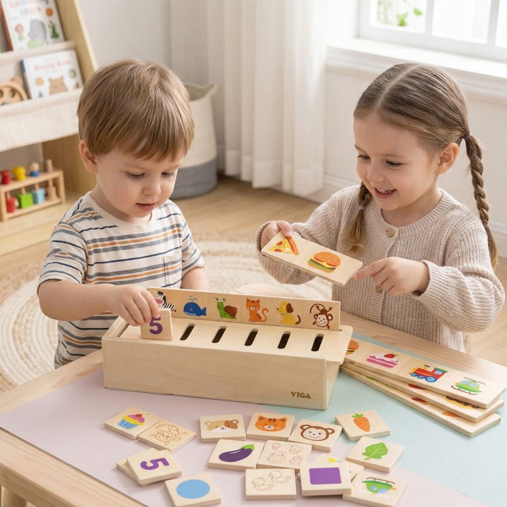 Wooden VIGA Sorter: Animals, Fruits, Vegetables Montessori