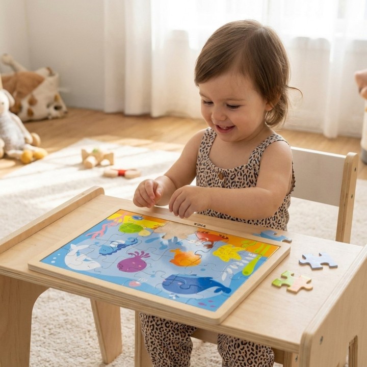 Viga Wooden Puzzle 12 puzzles, 24 pieces each, on a stand