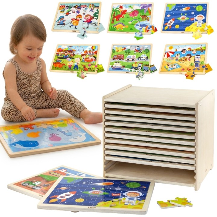 Viga Wooden Puzzle 12 puzzles, 24 pieces each, on a stand