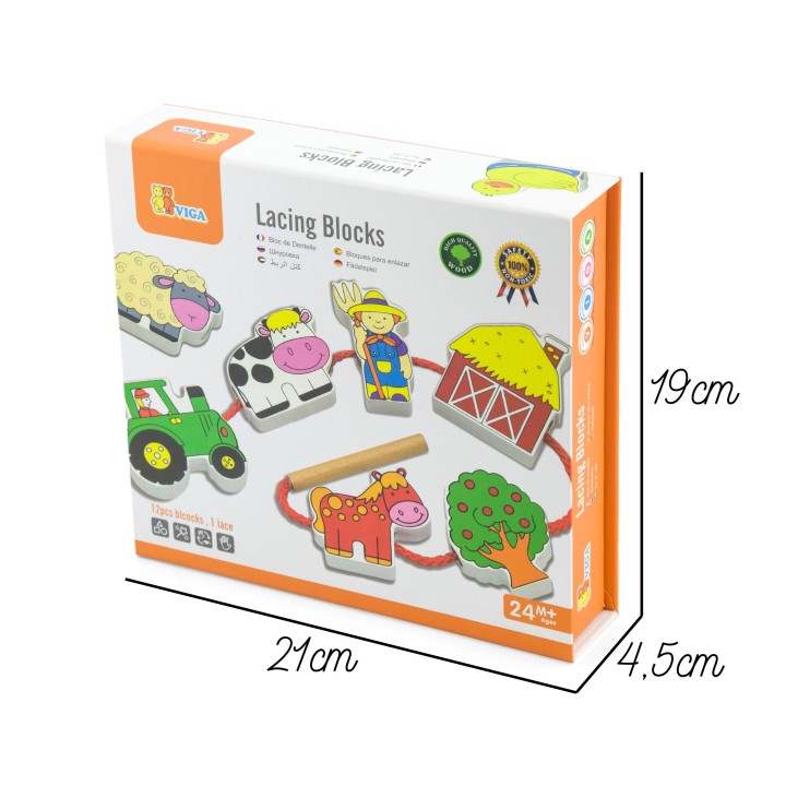 VIGA Wooden Threading Blocks Farm – Interlacing 24m+