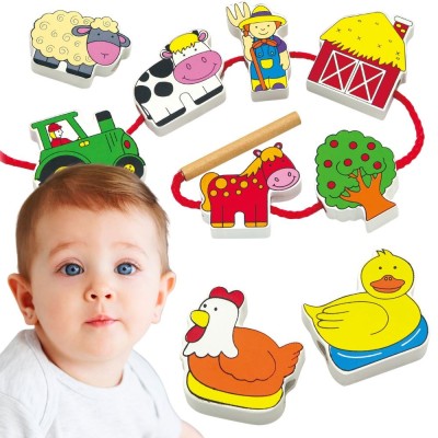 VIGA Wooden Threading Blocks Farm – Interlacing 24m+