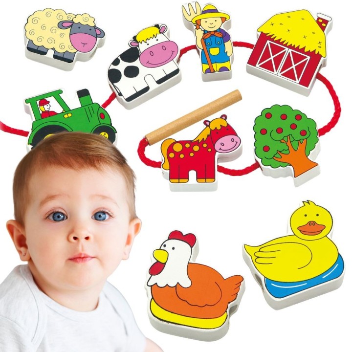 VIGA Wooden Threading Blocks Farm – Interlacing 24m+