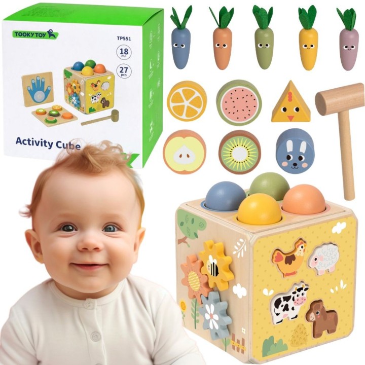 Wooden Educational Cube 5-in-1 Tooky Toy - sorter and clock for children