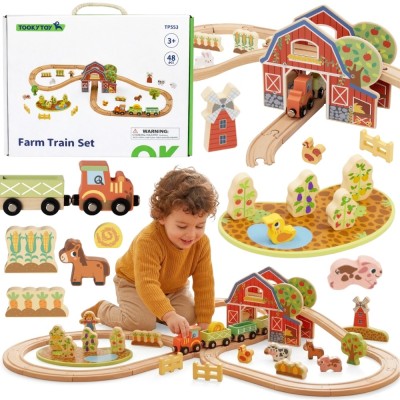 Drewniana Kolejka Farma TOOKY TOY - Zestaw 48 el.