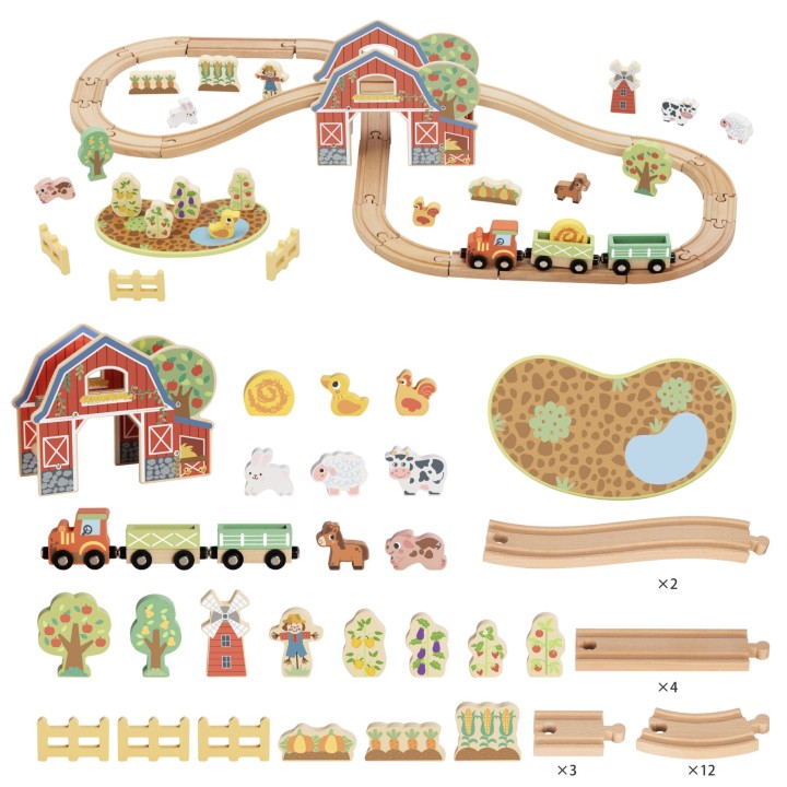 TOOKY TOY Wooden Farm Train - Set of 48 pieces