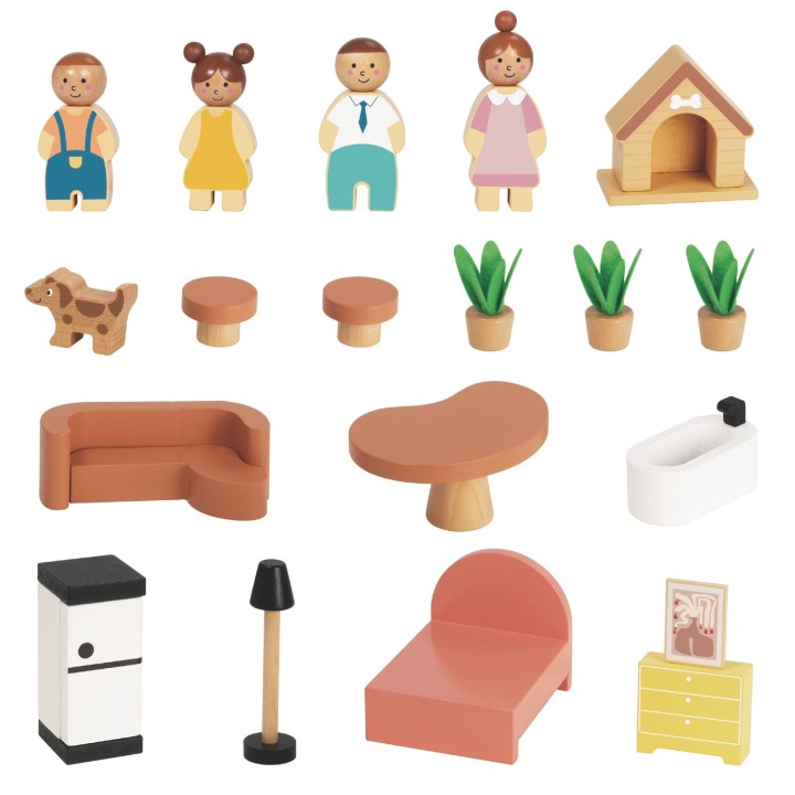 Wooden Dollhouse with Woopie Family - Accessories Set 22 pcs.
