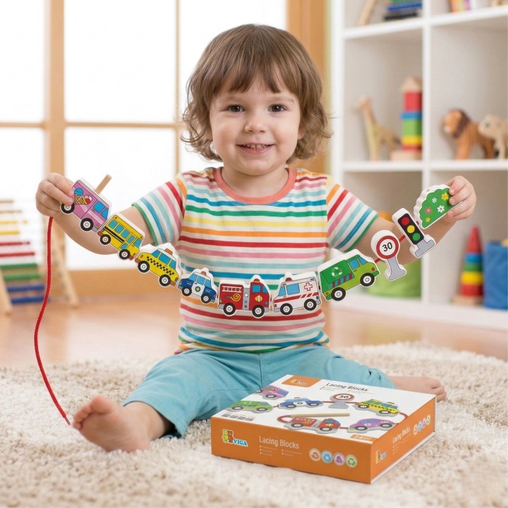 VIGA Wooden Blocks Interlacing Lace Cars Toys