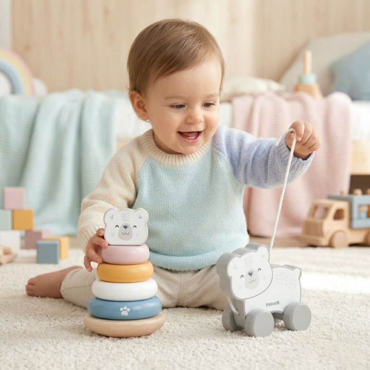 VIGA PolarB Polar Bear Set - Wooden Pyramid and Teddy Bear