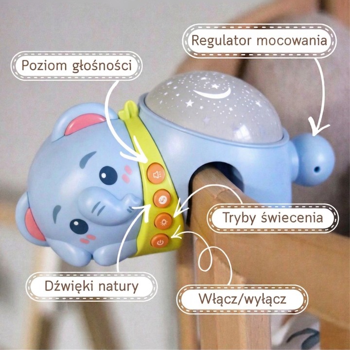Słonik projektor z melodiami i lampką nocną usypiacz dla dzieci Woopie