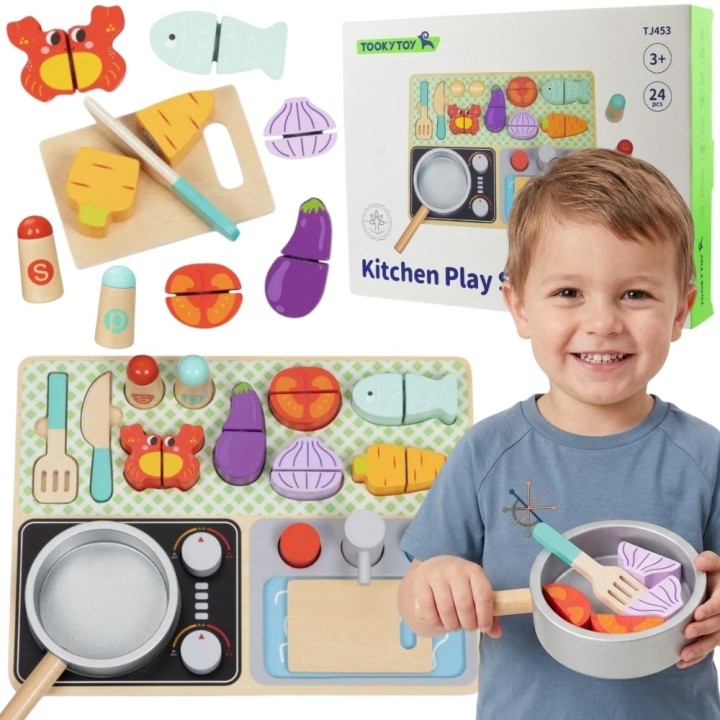 Drewniana Kuchnia 2w1 Sorter z Akcesoriami Kuchnia Dzieci Tooky Toy
