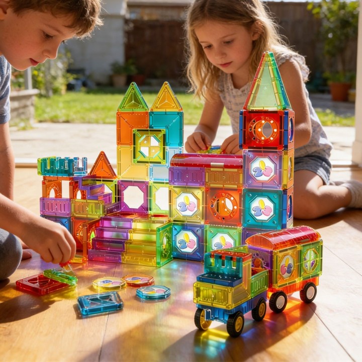 Klocki Magnetyczne 3D WOOPIE - Zestaw Zamek i Pojazdy 71el.