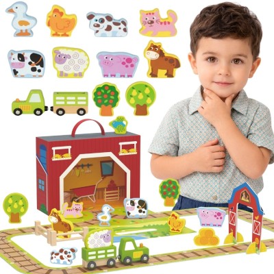 Drewniana Farma w Walizce Figurki Pojazdy TOOKY TOY - Zestaw 18 el.