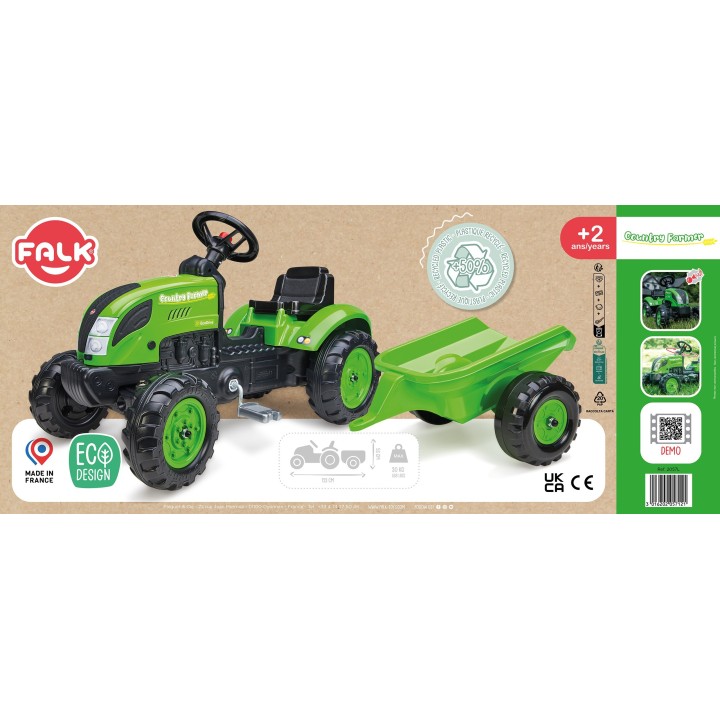 FALK Country Farmer Traktorek na Pedały Zielony 2-5 lat z Przyczepką