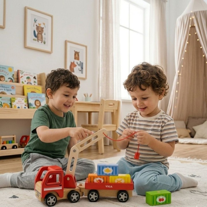 VIGA Wooden Crane with Containers - Fun and Education