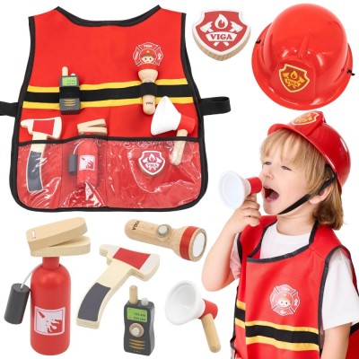 VIGA Little Firefighter Set with Vest | 8 Wooden Accessories