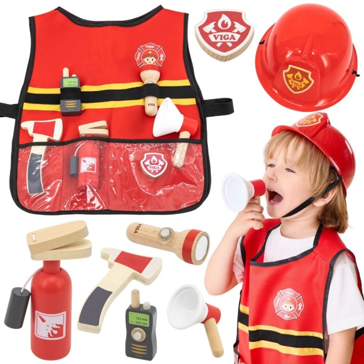 VIGA Little Firefighter Set with Vest | 8 Wooden Accessories