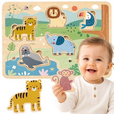 Dźwiękowe puzzle drewniane Safari Tooky Toy - Edukacyjna zabawka 18m+